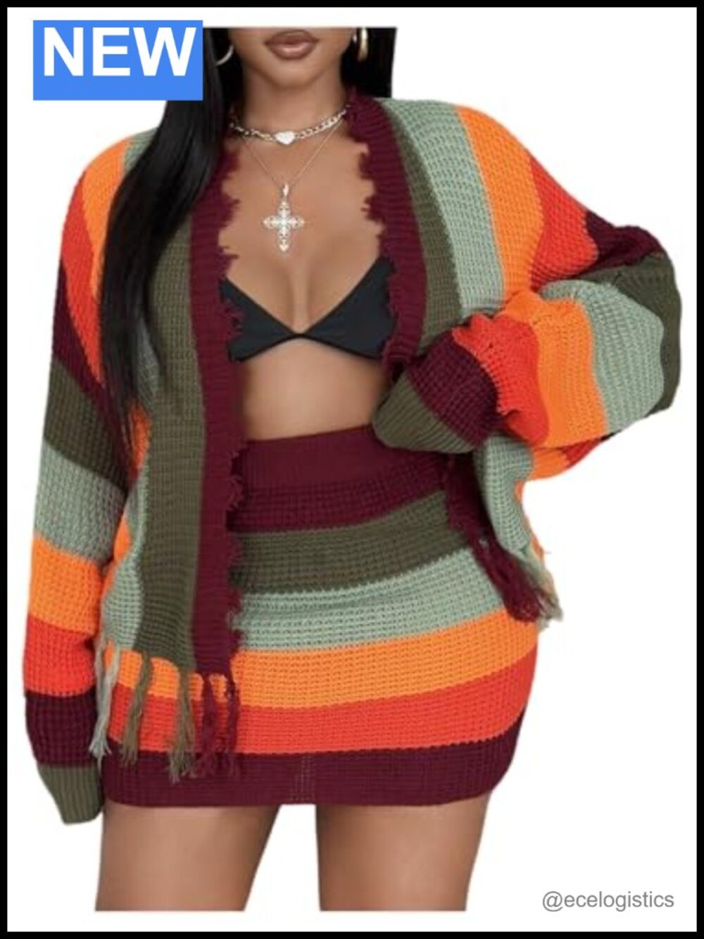 WDIRARA Plus Size 2 Piece Outfit Striped Cardigan & Bodycon Mini Skirt Set XXL